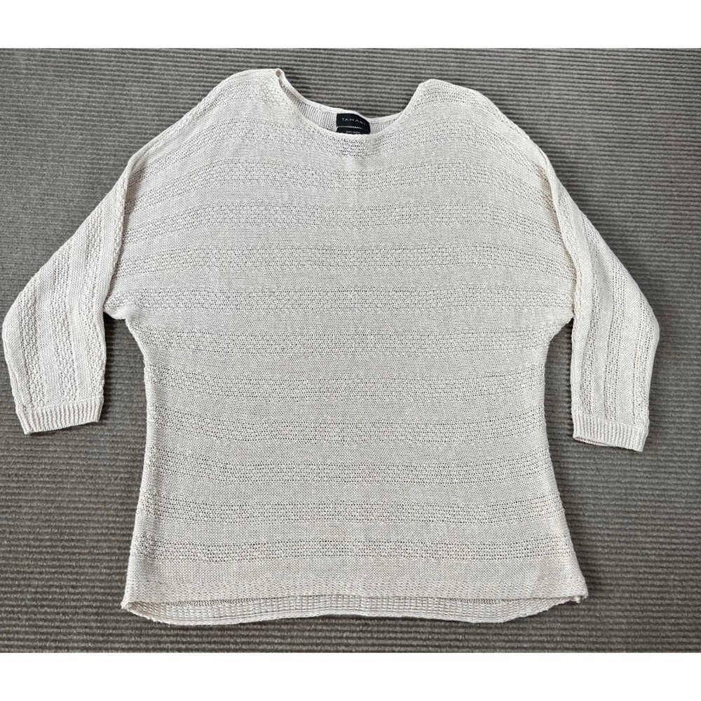 Tahari Womens 100% Linen Knit Sweater Cream Dolman 3/4 Sleeve Size S Relaxed Top